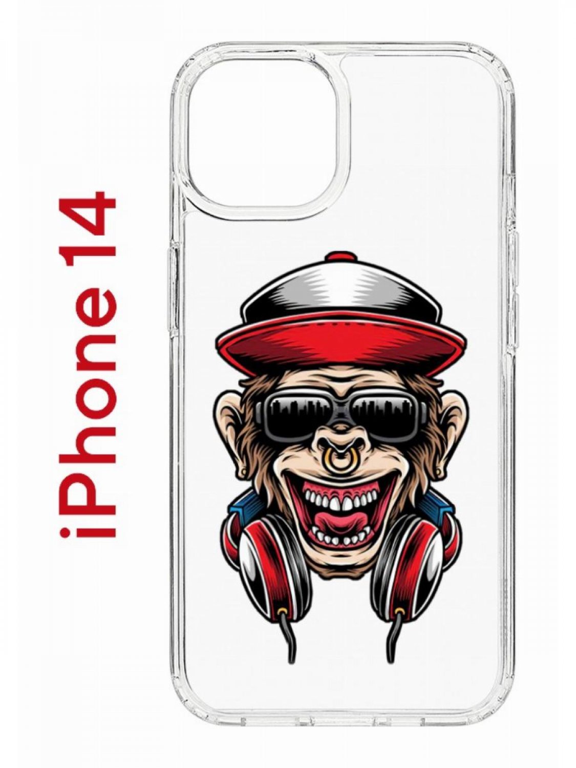 Чехол на iPhone 14 с принтом Kruche Print Обезьяна с наушниками, бампер с защитой камеры