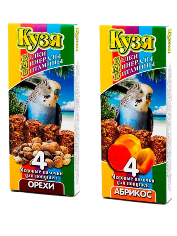 Медовые палочки для попугаев Кузя, абрикос + орехи, 2 шт по 140г