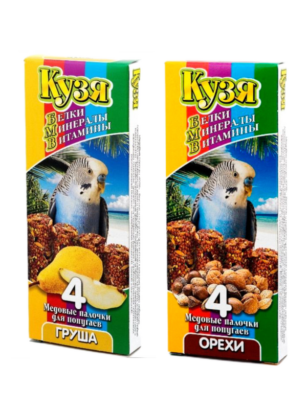 Медовые палочки для попугаев Кузя, орехи + груша, 2 шт по 140г