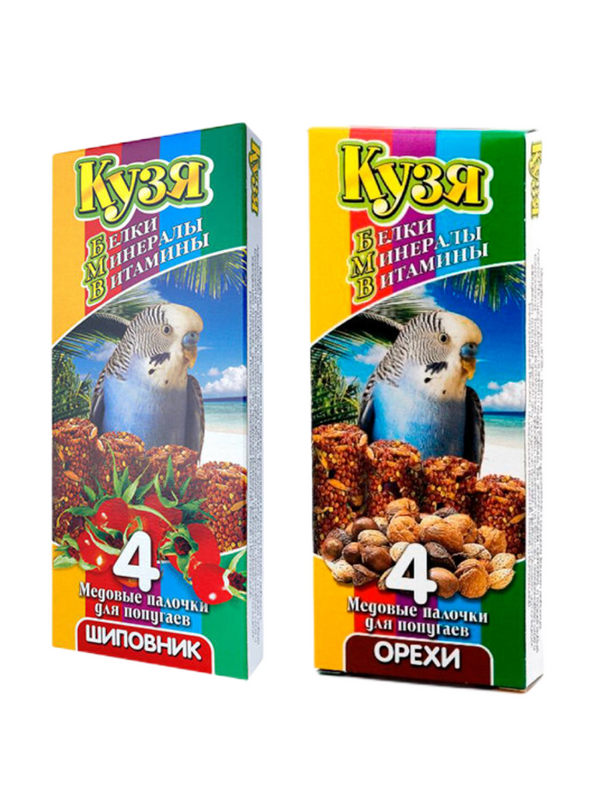 Медовые палочки для попугаев Кузя, шиповник + орехи, 2 шт по 140г