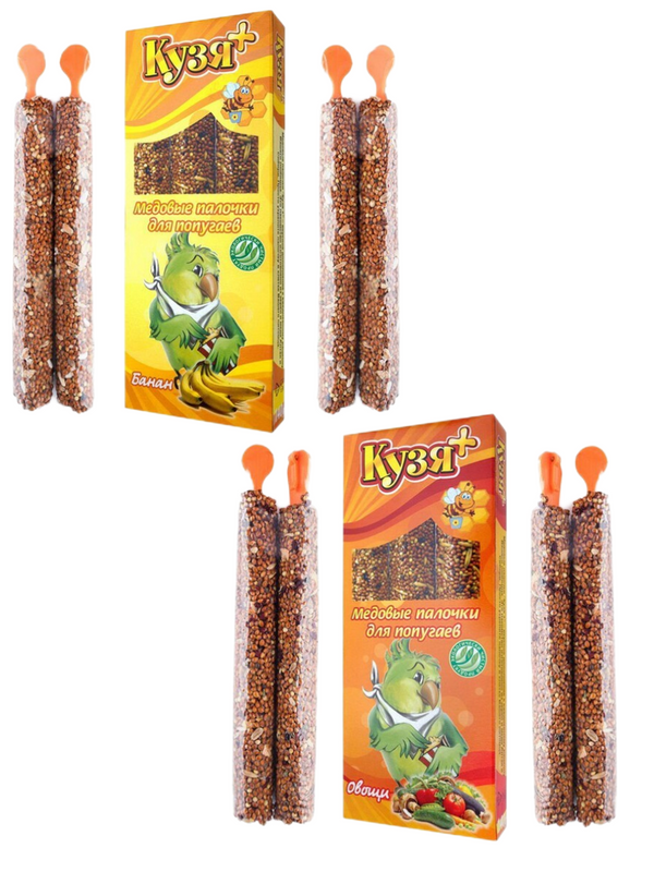 Медовые палочки для попугаев Кузя+, банан + овощи, 2 шт по 140г