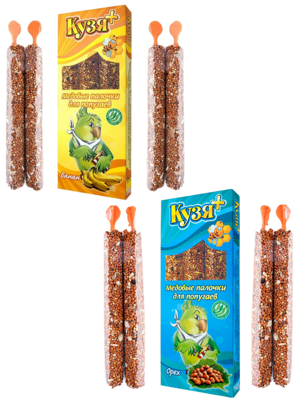 Медовые палочки для попугаев Кузя+, банан + орехи, 2 шт по 140г