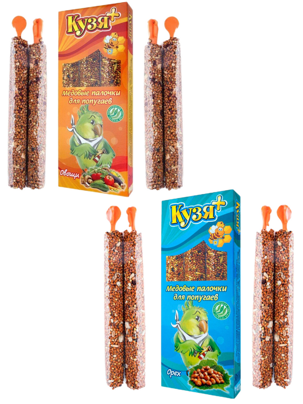 Медовые палочки для попугаев Кузя+, овощи + орехи, 2 шт по 140г