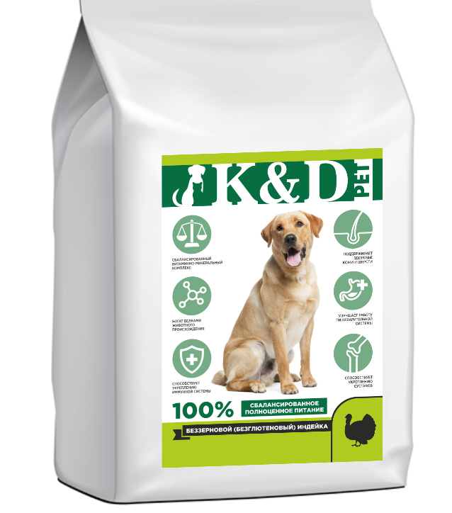 Сухой корм для собак K&D pet, для средних и крупных пород, беззерновой, индейка, 16 кг