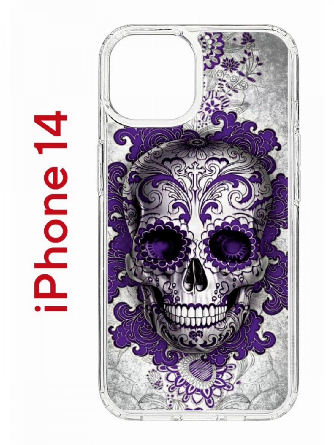 

Чехол на iPhone 14 с принтом Kruche Print Sugar Skull, бампер с защитой камеры, Прозрачный;фиолетовый;серый;белый, Айфон 14
