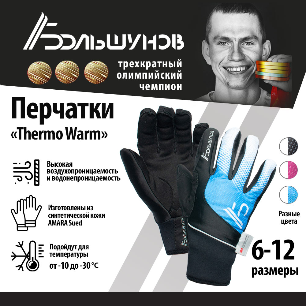 Перчатки лыжные Thermo Warm Александр Большунов, черно-синие, размер 11