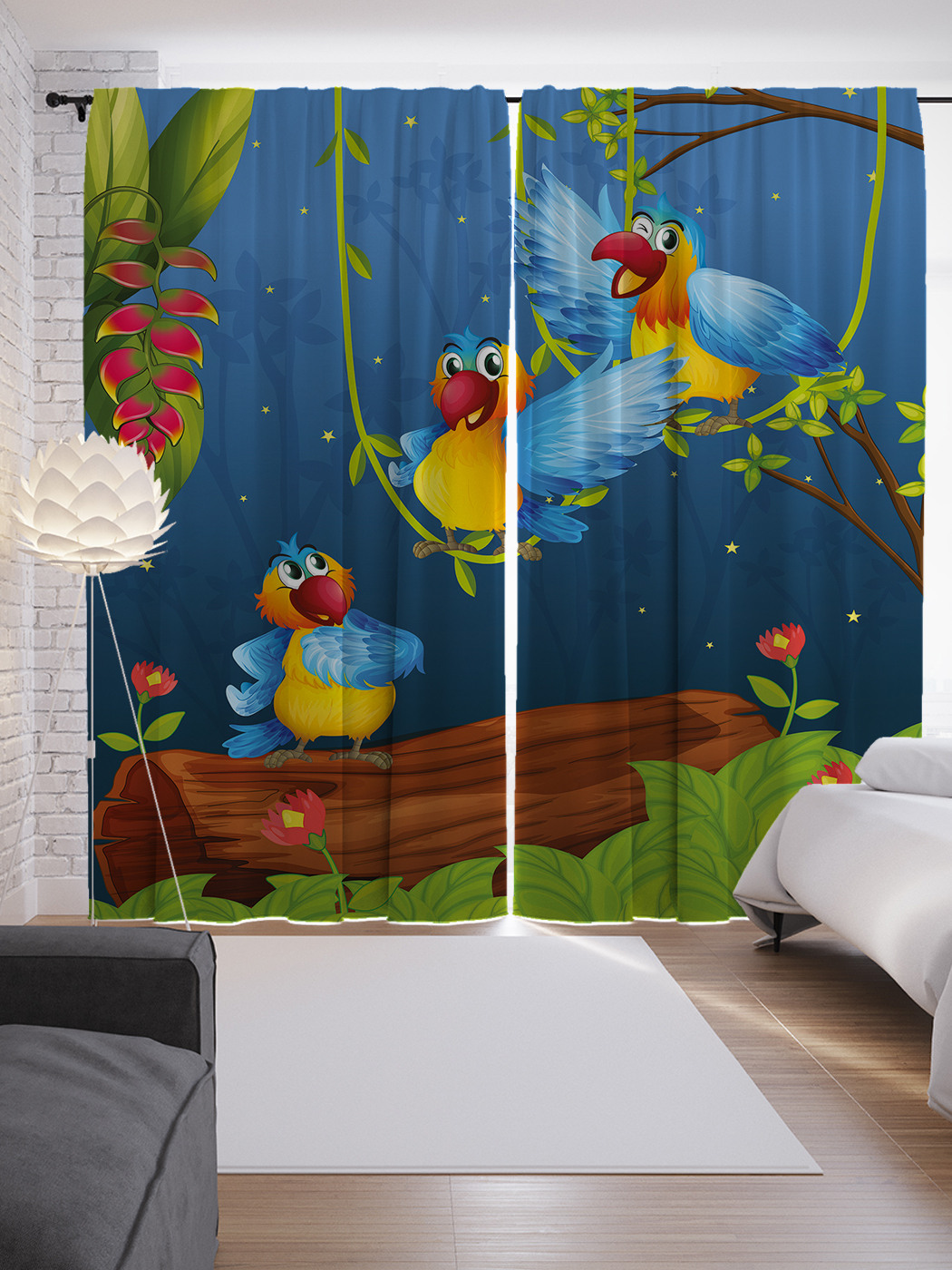 

Шторы JoyArty с фотопечатью "Попугаи на качелях" из сатена, 290х265 см, Попугаи на качелях