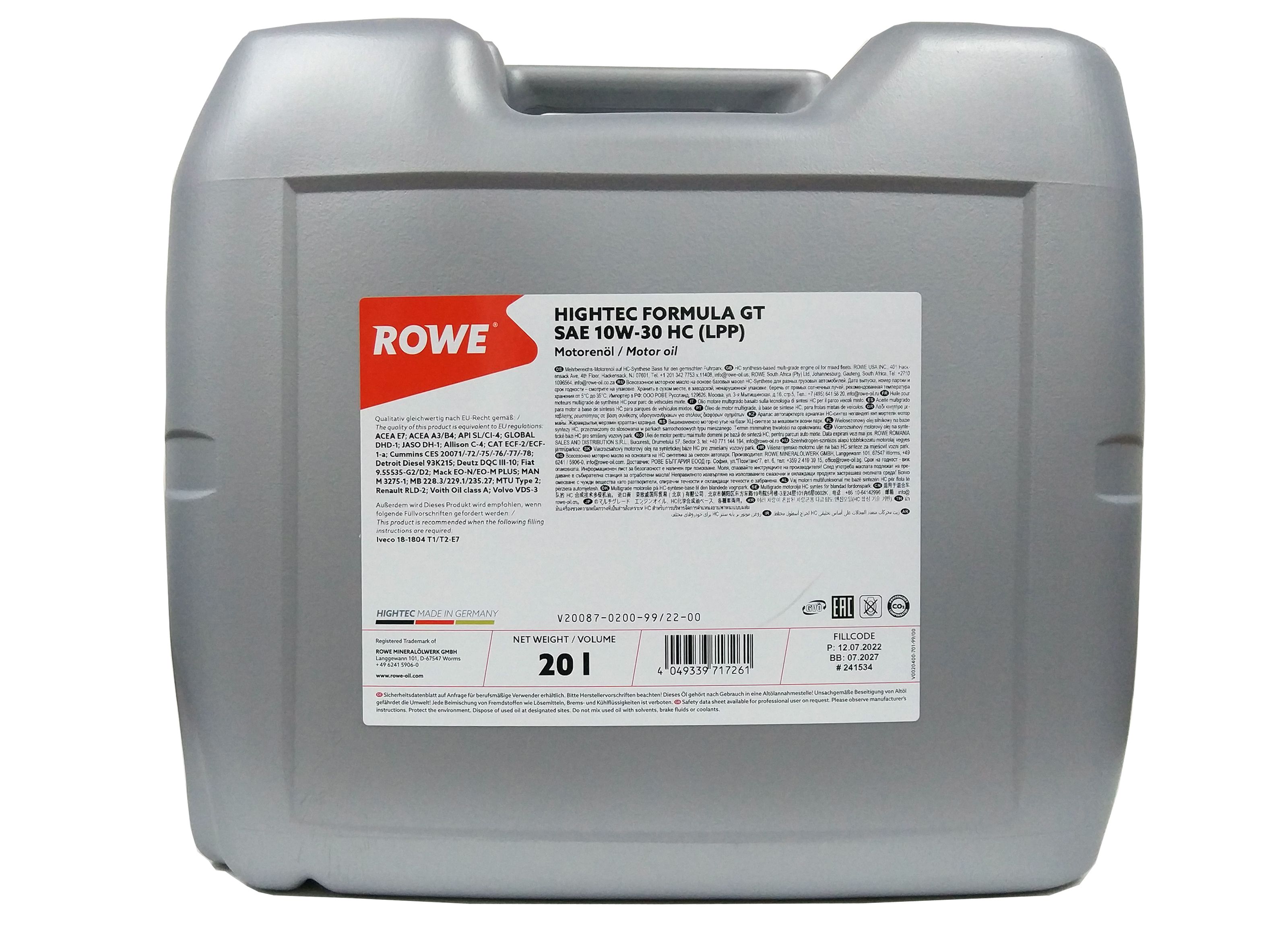 Моторное масло ROWE синтетическое 20003-0200-99 10W40 ROWE 20л