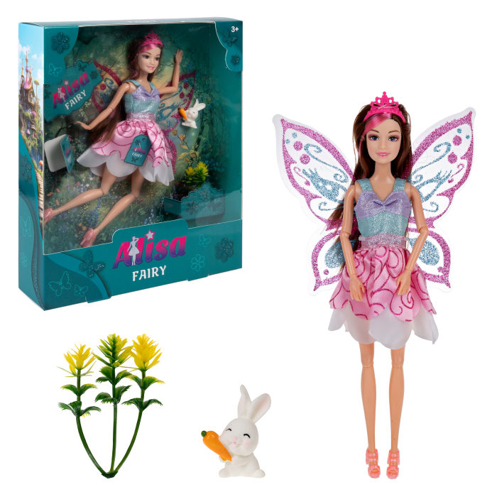 Кукла Alisa Fairy Фея с розовой прядью, крыльями, цветами и зайцем, 29 см