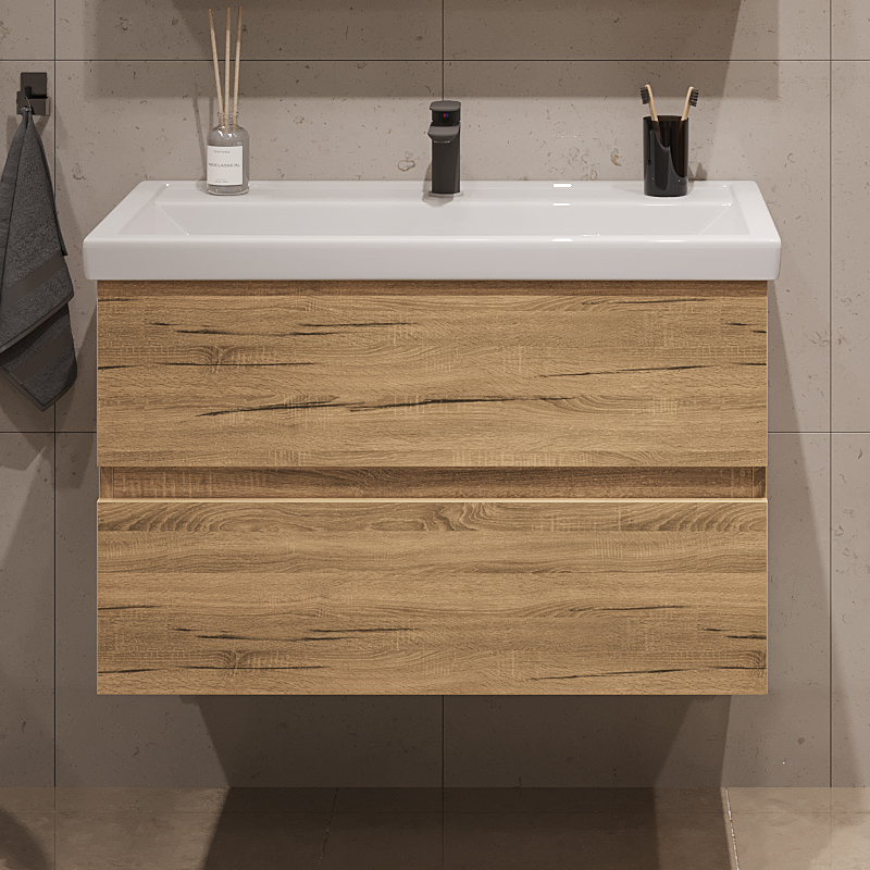 

Тумба подвесная SanStar Lavanti 100 с раковиной Фостер 100 для ванной Дуб вотан, Бежевый, Lavanti 100