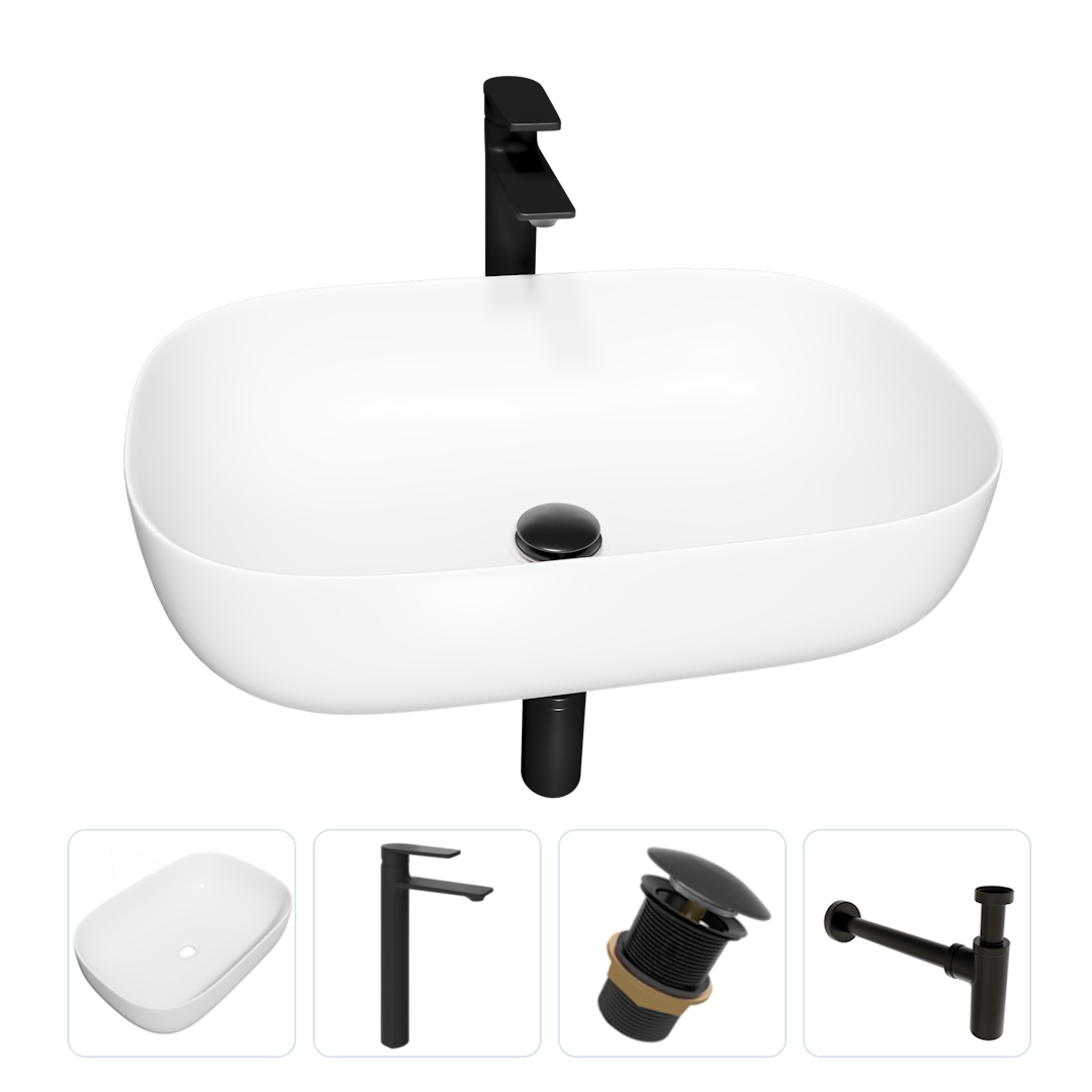 

Комплект Teymi 4 в 1: раковина Solli 60 + смеситель + донный клапан + сифон F13054, Белый, Solli F13054