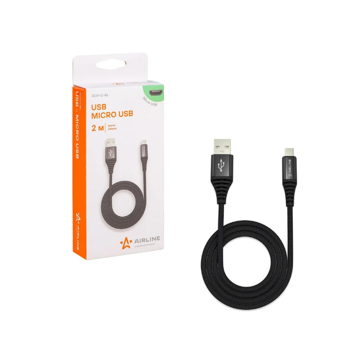 AIRLINE ACHC46 Кабель USB - micro USB 2м, черный нейлоновый