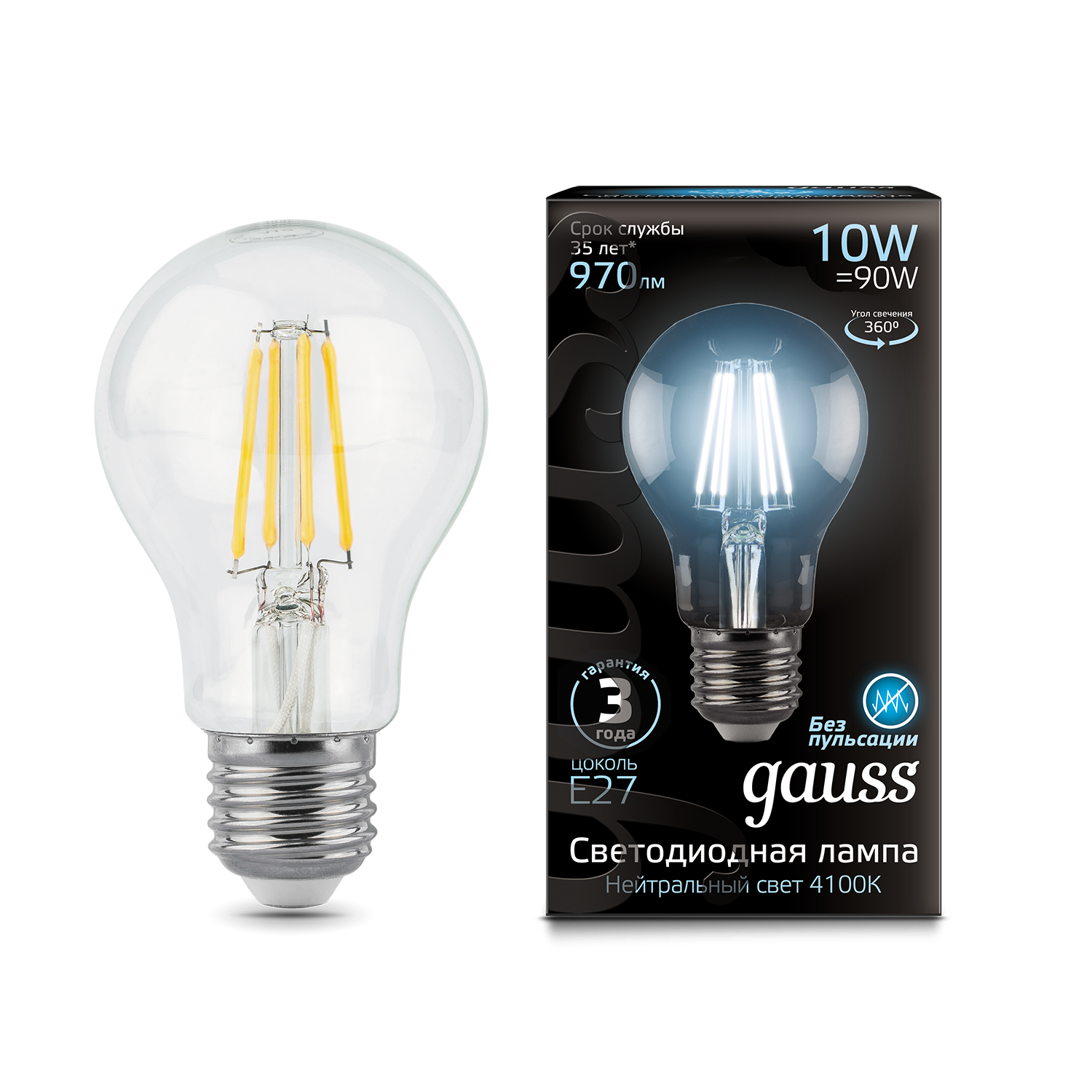 фото Лампа светодиодная gauss filament а60-10w-970lm-4100к-е27