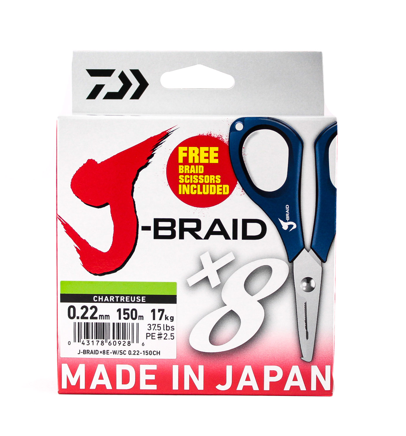 

Шнур Daiwa J-Braid X8E-W/SC 0,22мм 150м chartreuse + ножницы, Upgrade