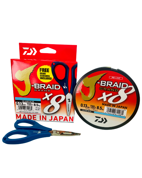 фото Шнур плетеный daiwa j-braid grand x8 135 m голубой / с рыболовными ножницами (0.06 mm)