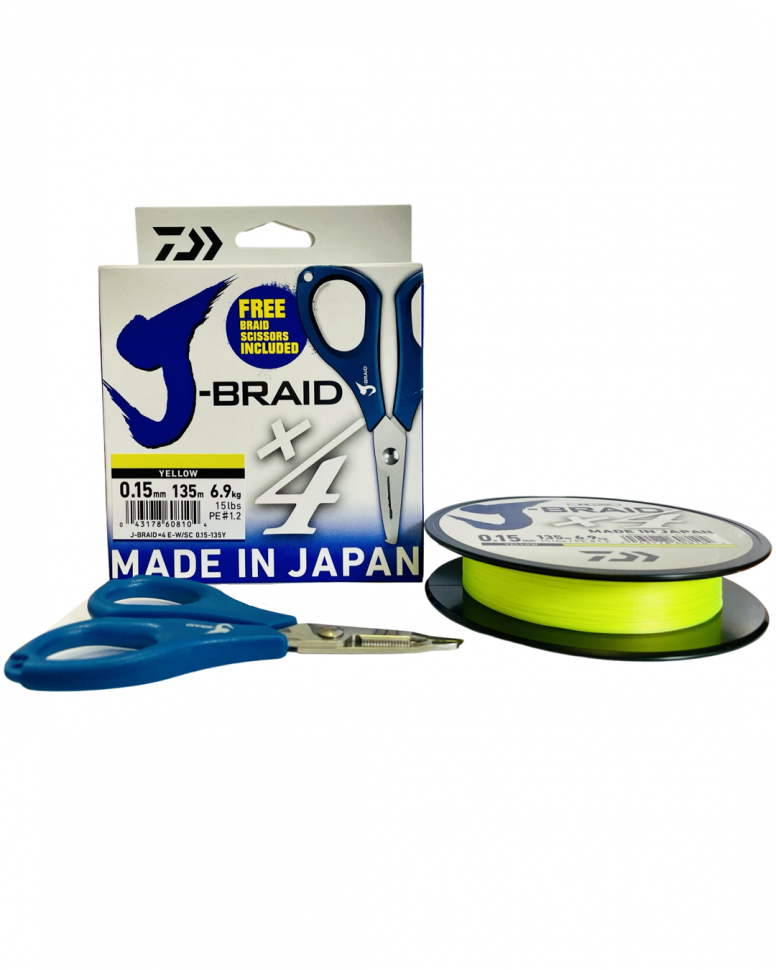 

Шнур плетеный Daiwa J-Braid х4 135 m желтый с ножницами (0.15 mm/ 6.9 kg)