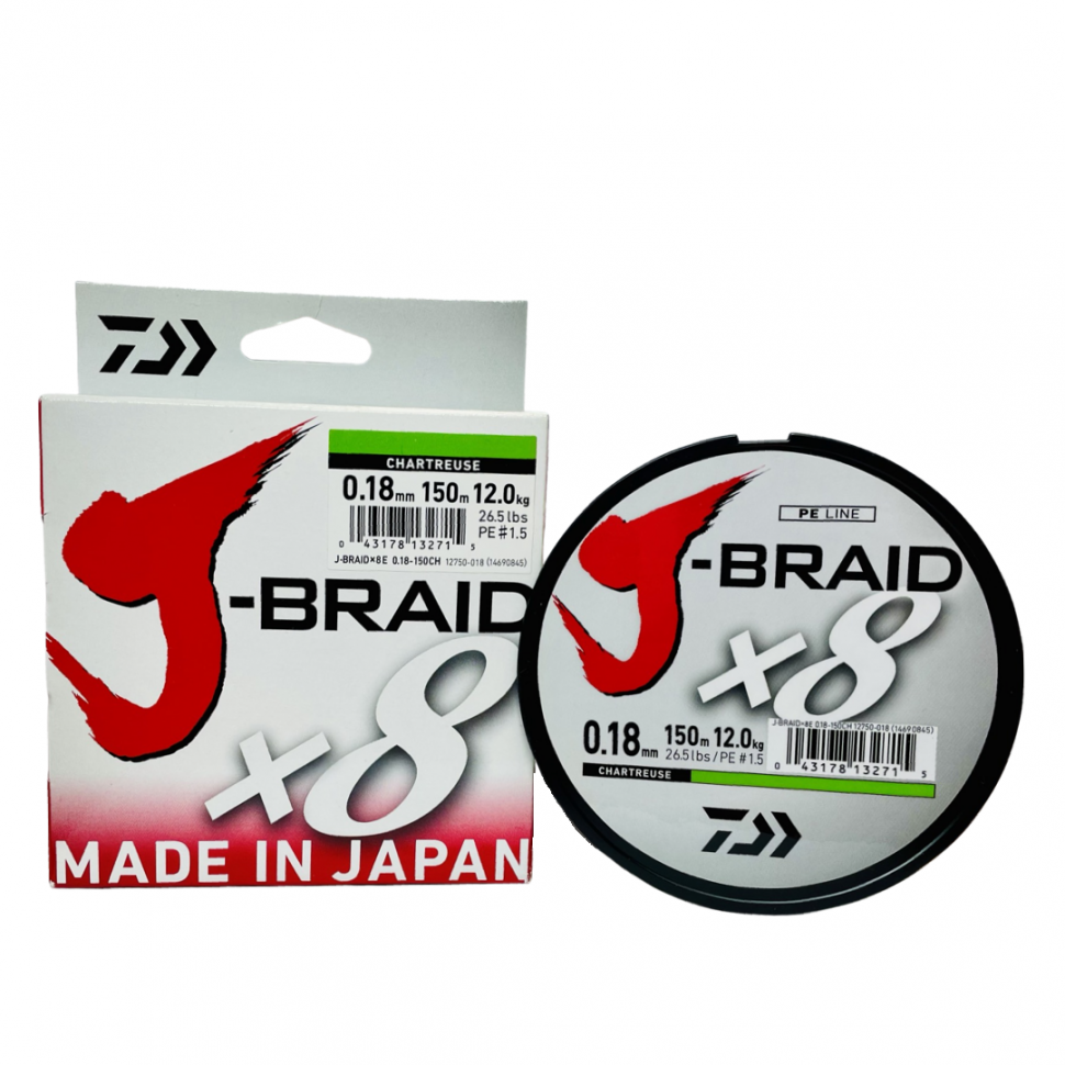 

Шнур плетеный Daiwa J-Braid х8 150 m желтый / для спиннинга (0.18 mm), Зеленый, J-Braid х8