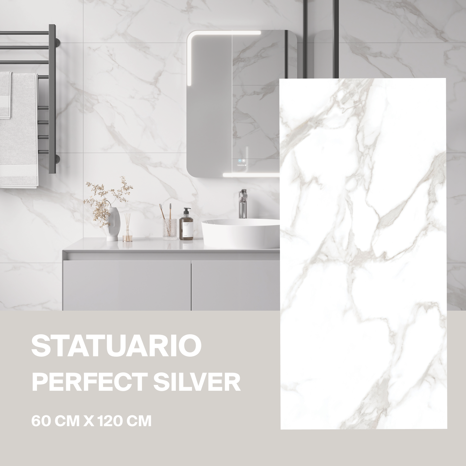 

Керамогранит Ceradim Statuario Perfect Silver белый 60х120 Полированный в уп.1,44м2 2 шт, Statuario Perfect Silver