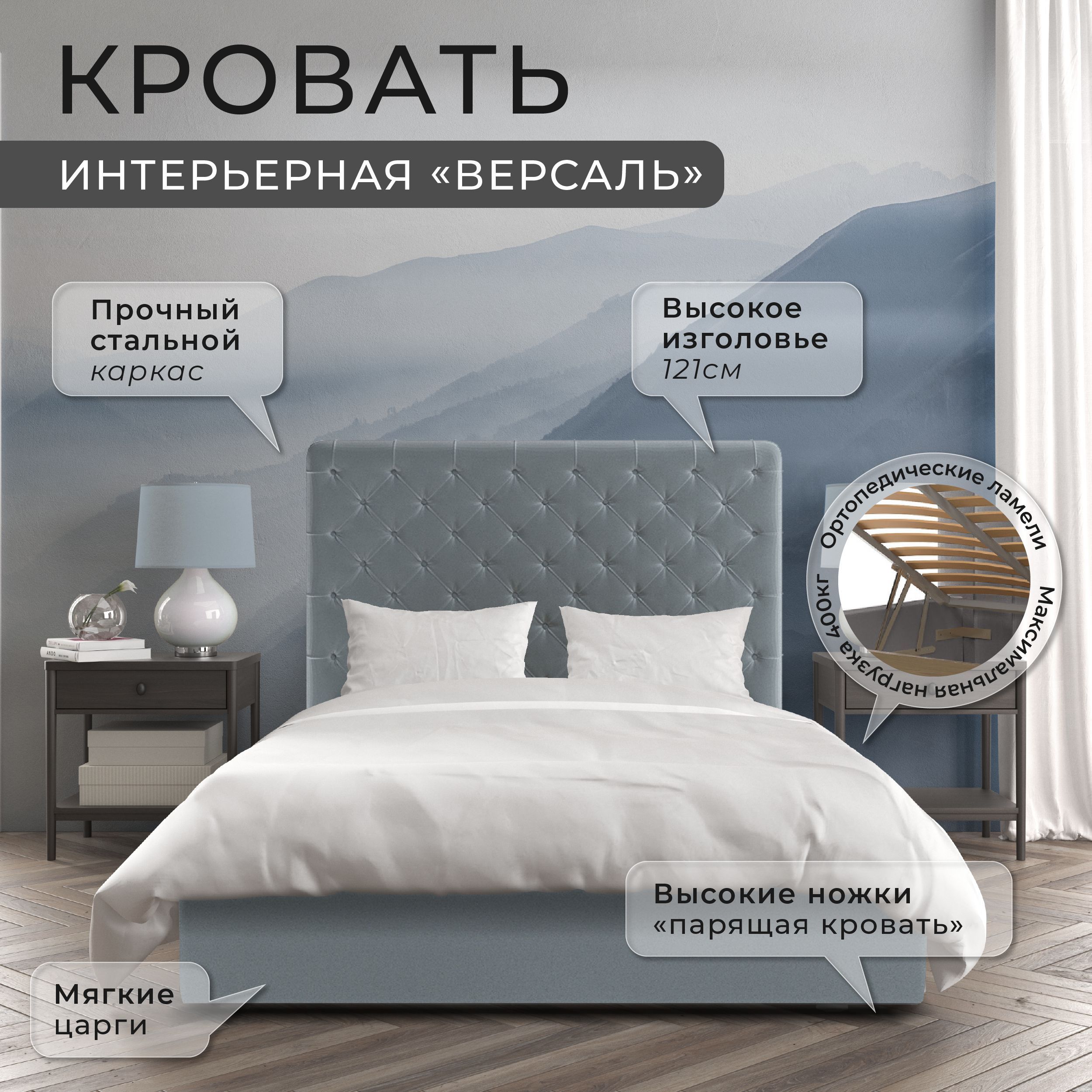

кровать ФОКУС Версаль 153х214х121 см серый текстурный велюр/30165, Версаль