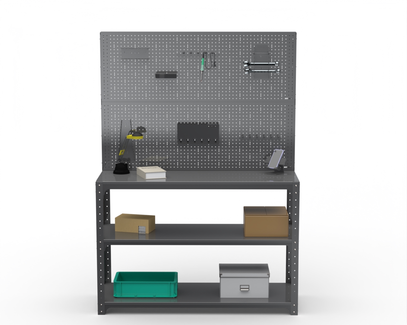 

Стол-верстак Metalex 205166 KIT 950х1100х600, две полки + 2 перфопанель, серый