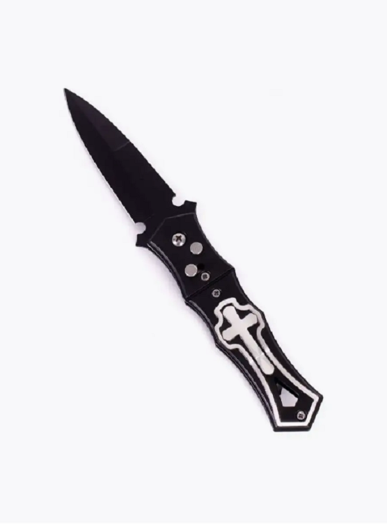Нож складной автоматический, длина 21, черный, Нож_с_крестом_130, 1 шт