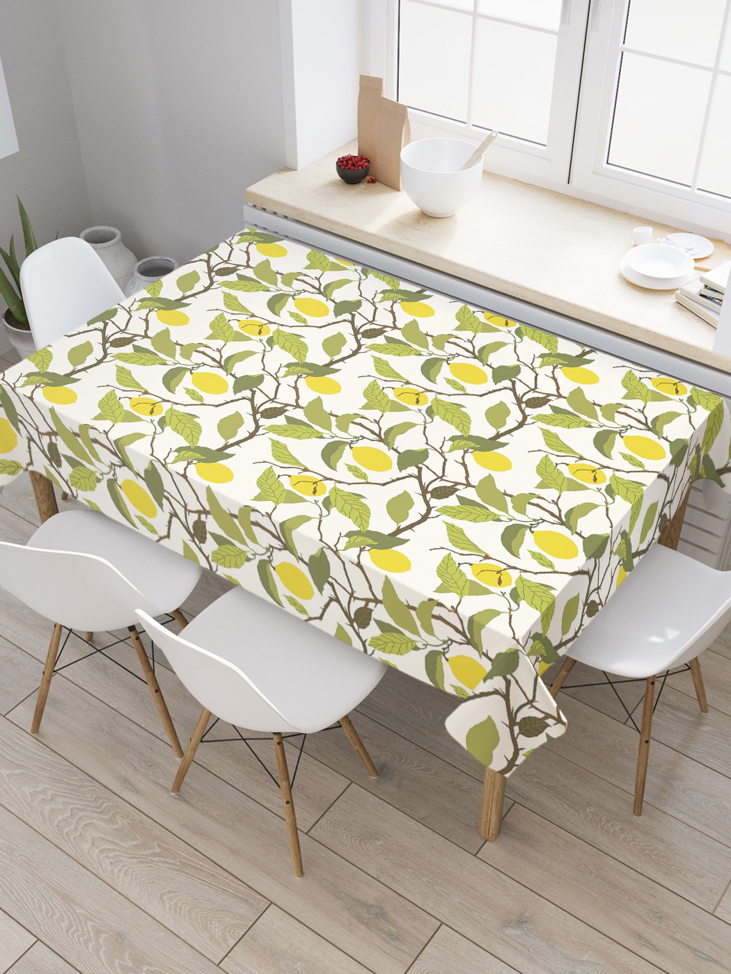 фото Скатерть прямоугольная joyarty на кухонный стол "лимоны на ветке" из оксфорда, 180x145 см