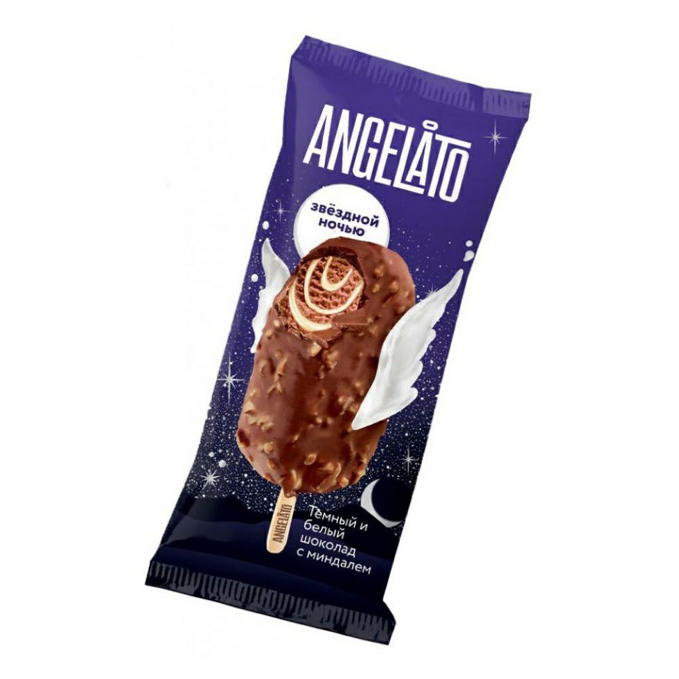 

Мороженое сливочное Angelato шоколад с миндалем в шоколадной глазури 10% СЗМЖ 70 г
