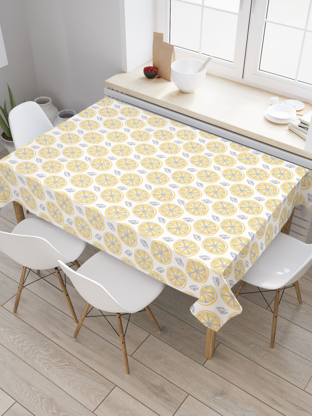 фото Скатерть прямоугольная joyarty на кухонный стол "кружочки лимона" из оксфорда, 180x145 см