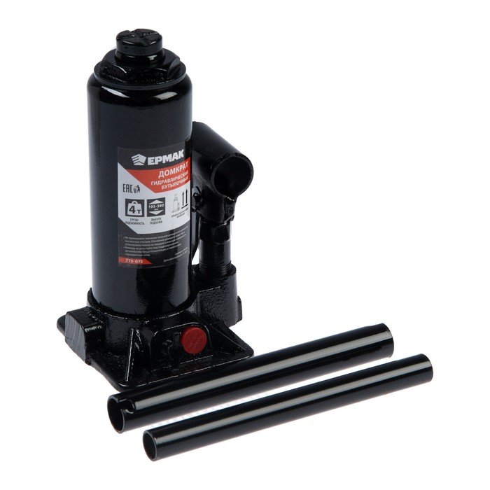 

Домкрат гидравлический бутылочный ЕРМАК, 770-075, высота подъема 195-380 мм, 4 т, Черный