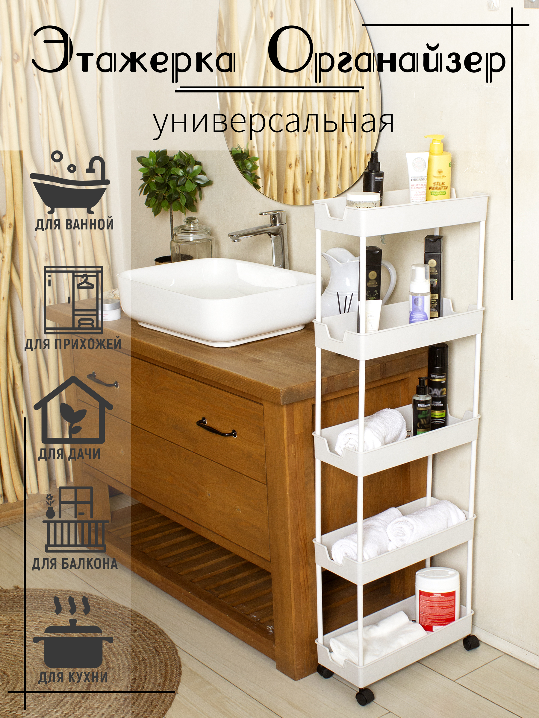 

Этажерка белая пятиярусная на колёсиках для кухни и ванной