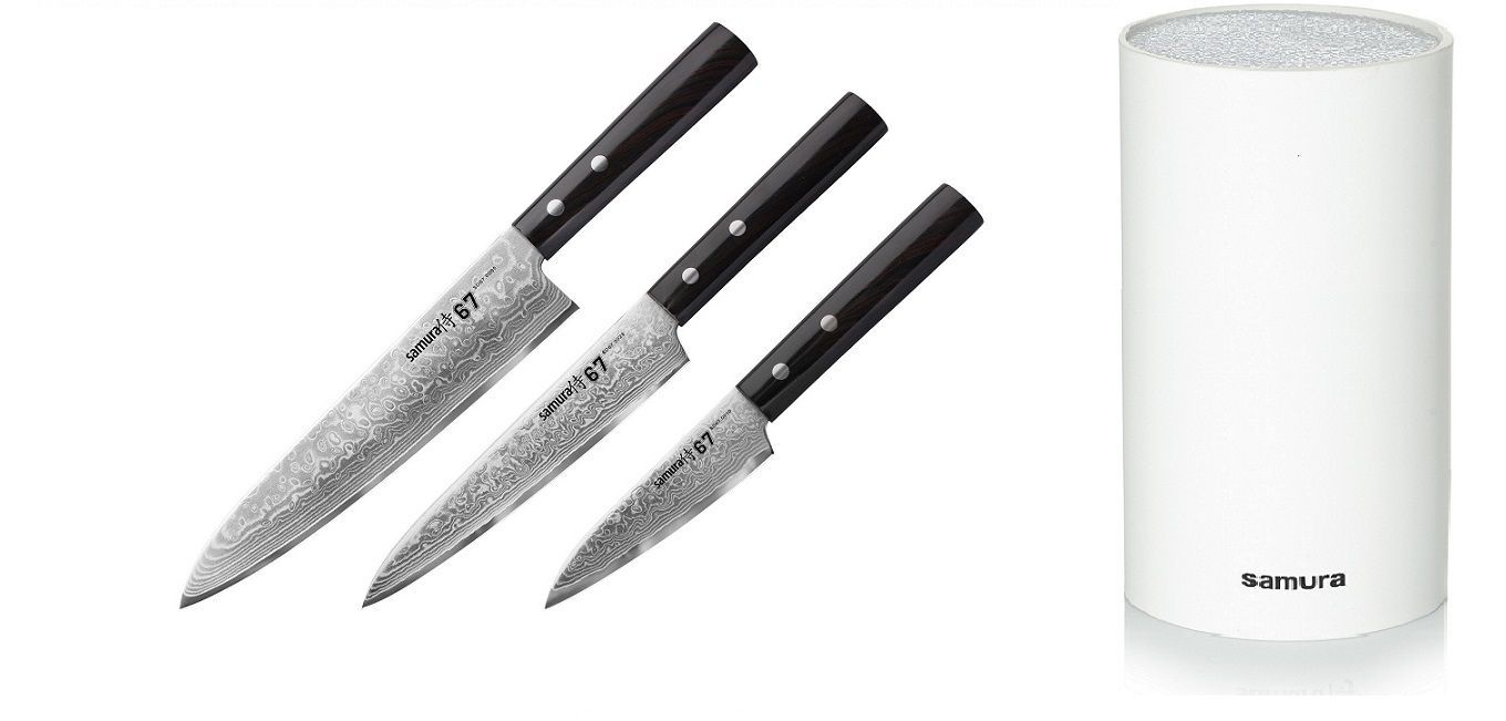 

Набор из 3-х кухонных ножей Samura 67 Damascus, SD67-0220КРБП, подставка, Damascus