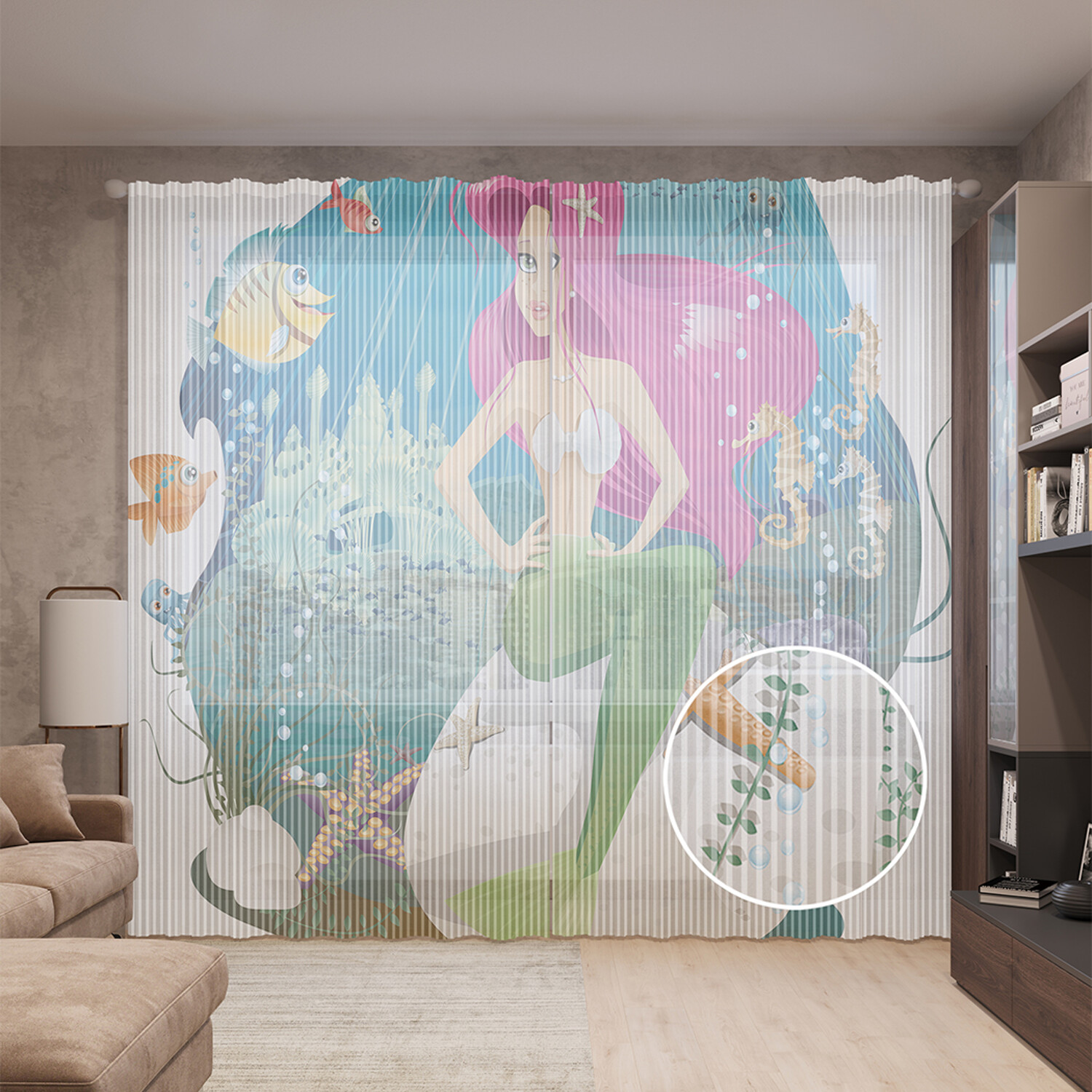 

Тюль вуаль на шторной ленте с принтом JoyArty "Эффектная русалка", 310х265 см, Эффектная русалка