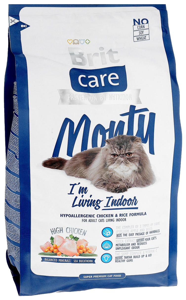 фото Сухой корм для кошек brit care monty indoor, для домашних, курица и рис, 2кг