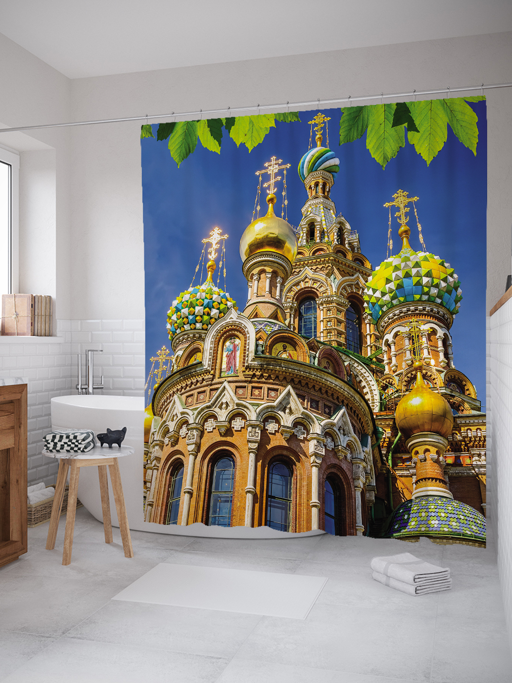 

JoyArty Штора (занавеска) для ванной «Храм Божий» из ткани, 180х200 см с крючками