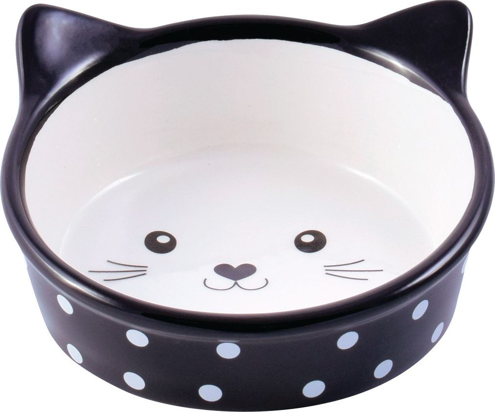 фото Миска для кошек керамикарт мордочка кошек, керамическая, черная в горошек, 250мл