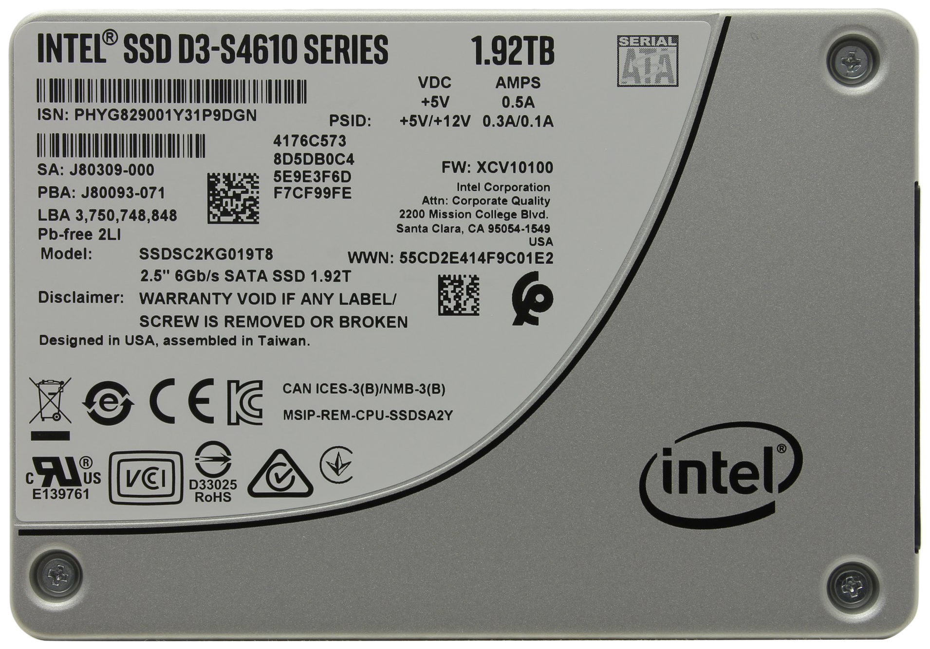 

SSD накопитель Intel D3-S4610 2.5" 1,92 ТБ (SSDSC2KG019T801), D3-S4610