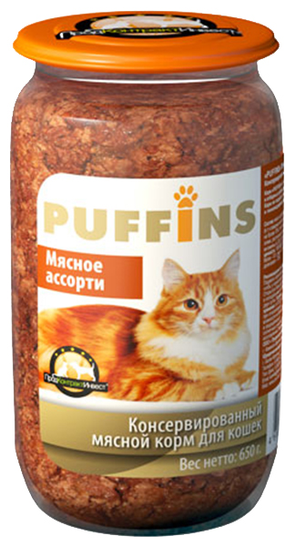 фото Консервы для кошек puffins, с мясным ассорти, 8шт по 650г