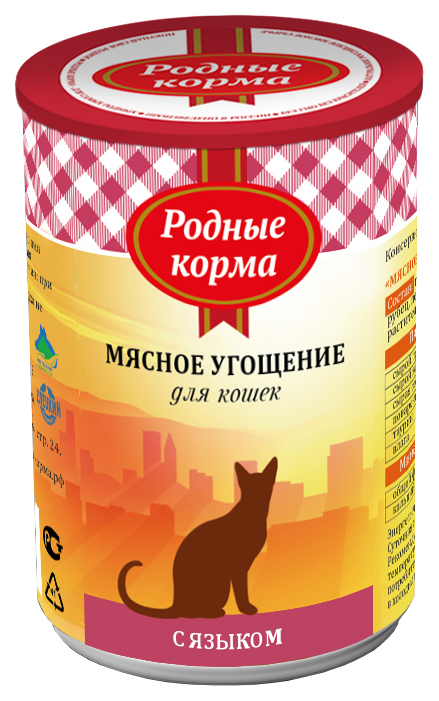 фото Консервы для кошек родные корма мясное угощение, с языком, 12шт по 340г