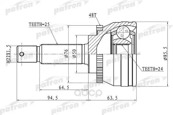 фото Шрус наружный patron с кольцом abs 25x50x24 abs48t для kia rio 1.5crdi d4fa -2006 pcv1611