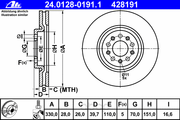 фото Тормозной диск ate передний для alfa romeo 159 1.8tbi/2.0jtdm/2.4jtdm 05-11 24012801911