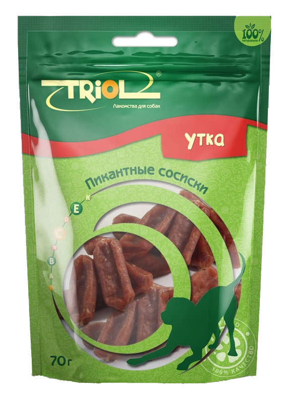 

Лакомство для собак Triol, пикантные сосиски из утки, 70г, Пикантные сосиски батончики, утка, 70г