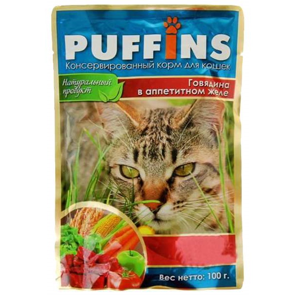 Влажный корм для кошек Puffins, с говядиной в аппетитном желе, 100г
