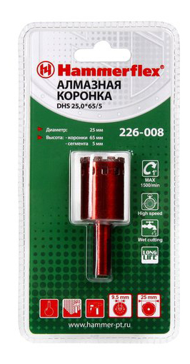 

Алмазная коронка по керамограниту/стеклу Hammer Flex 226-008 (58971), DHS 25,0*65/5