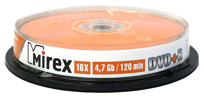 фото Диск для записи mirex dvd+r 4,7gb 16x cake box 10 шт (202493)