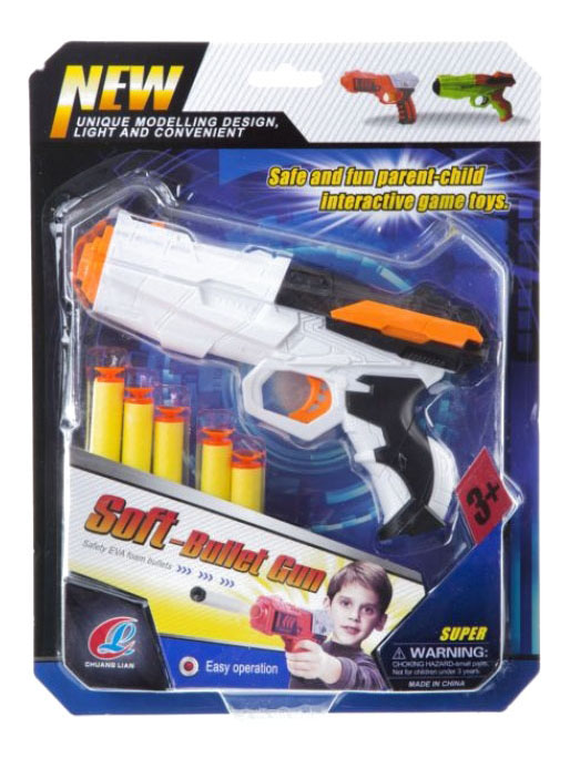 

Пистолет игрушечный Soft Bullet Gun с 5 мягкими пулями Gratwest К81682, Желтый;белый;оранжевый, Пистолет soft bullet gun с 5 мягкими пулями К81682