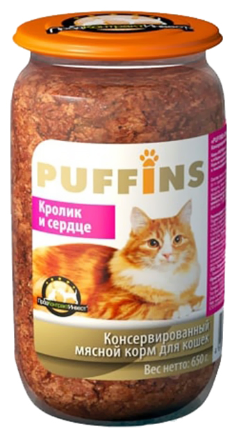 

Консервы для кошек Puffins, с кроликом и сердцем, 650г, кролик, сердце 650 г