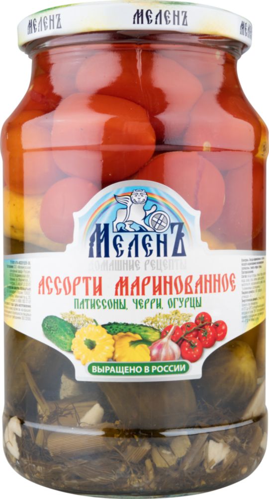 Ассорти маринованное МеленЪ патиссоны, черри, огурцы 900 г