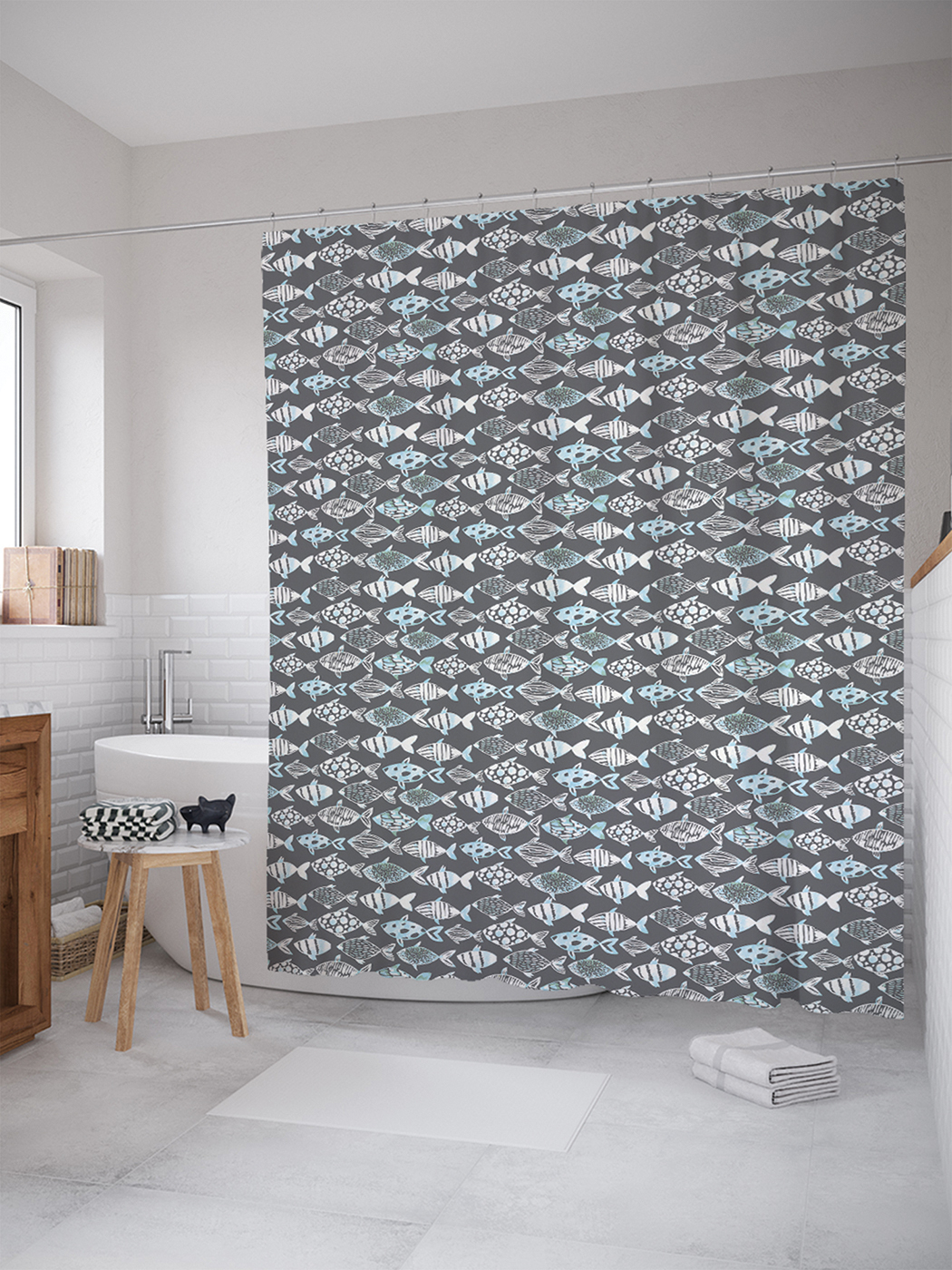 

JoyArty Штора (занавеска) для ванной «Рыбки на сером фоне» из ткани, 180х200 см с крючками