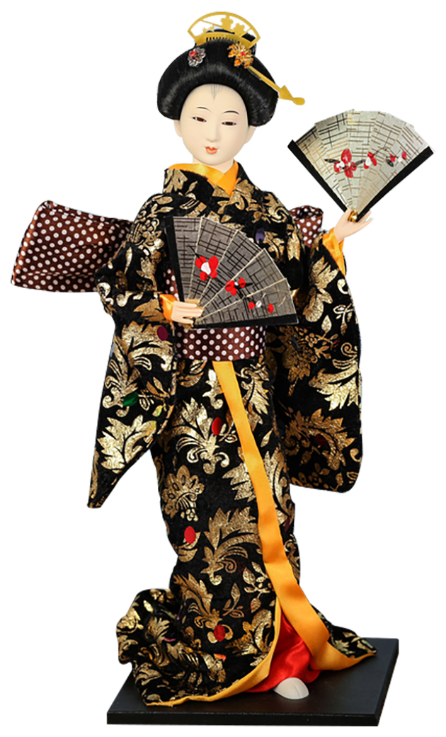 фото Кукла коллекционная sima-land гейша в черно-золотом кимоно с веерами