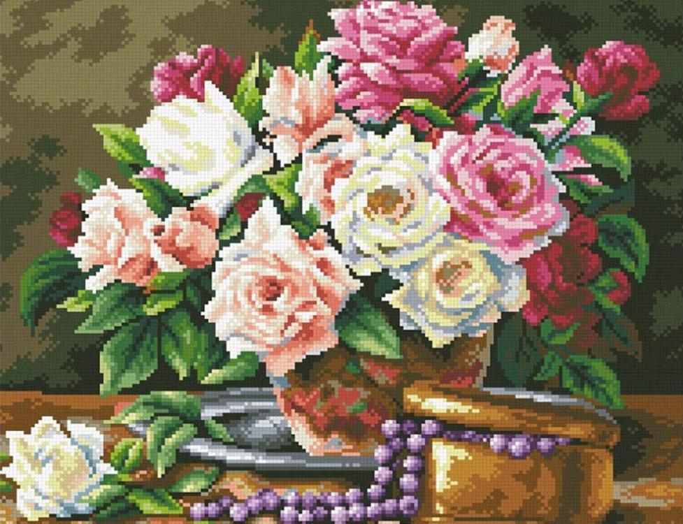 

Алмазная вышивка Паутинка Розовый букет и бусины, 45x35 см, Розовый букет и бусины